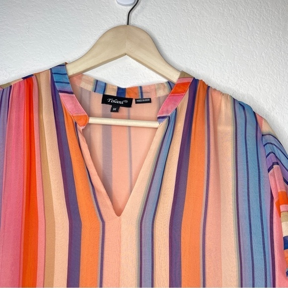 Tolani Multicolor Striped Ruffle Short Sleeve Top V Neck Round Hem Orange Blue - Picture 3 of 8